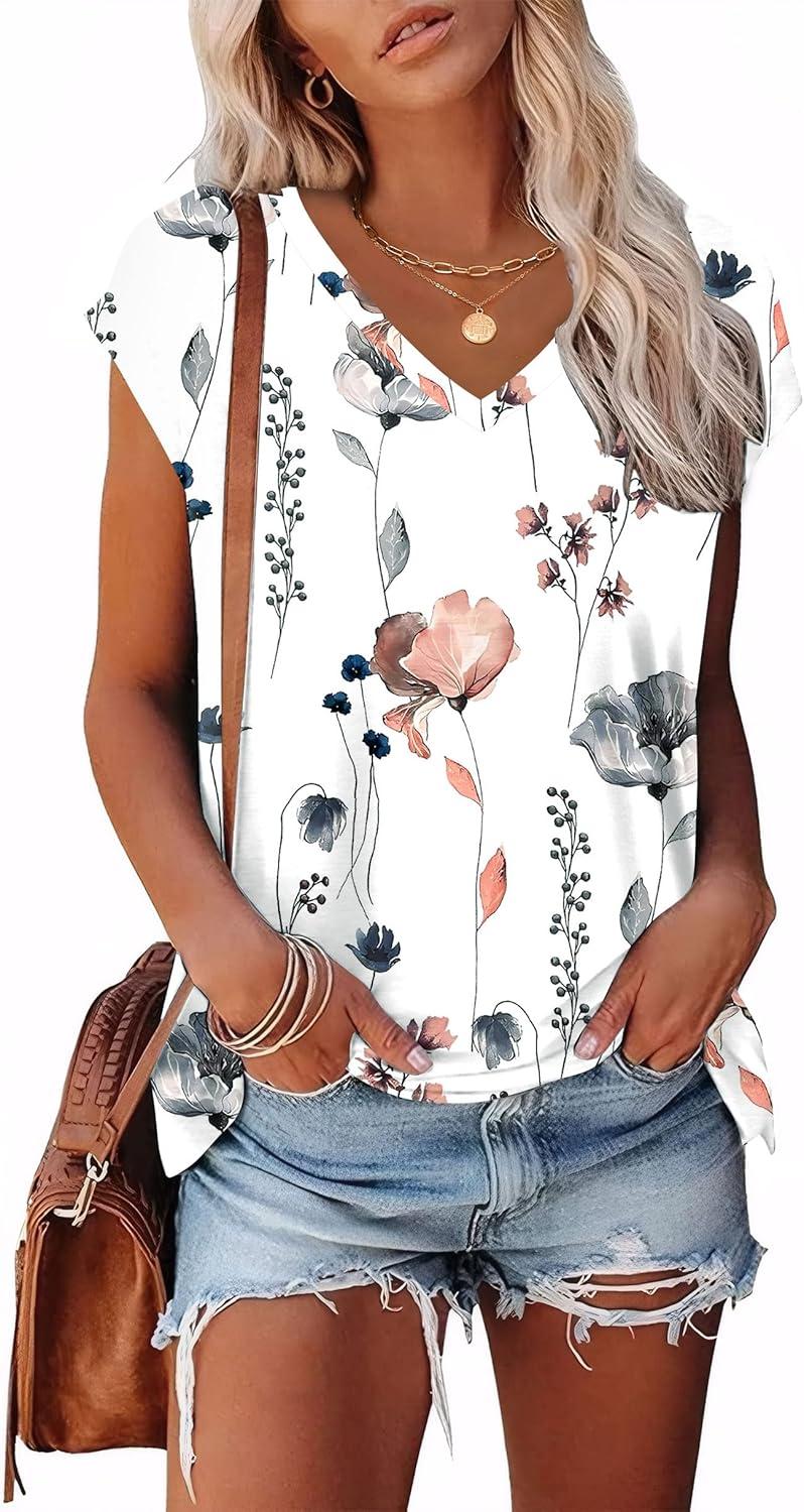 imageXIEERDUO Womens Tops V Neck Cap Sleeve Loose Fit Tee Shirts Summer Spring 2025 EyeletPrintedPrinted D