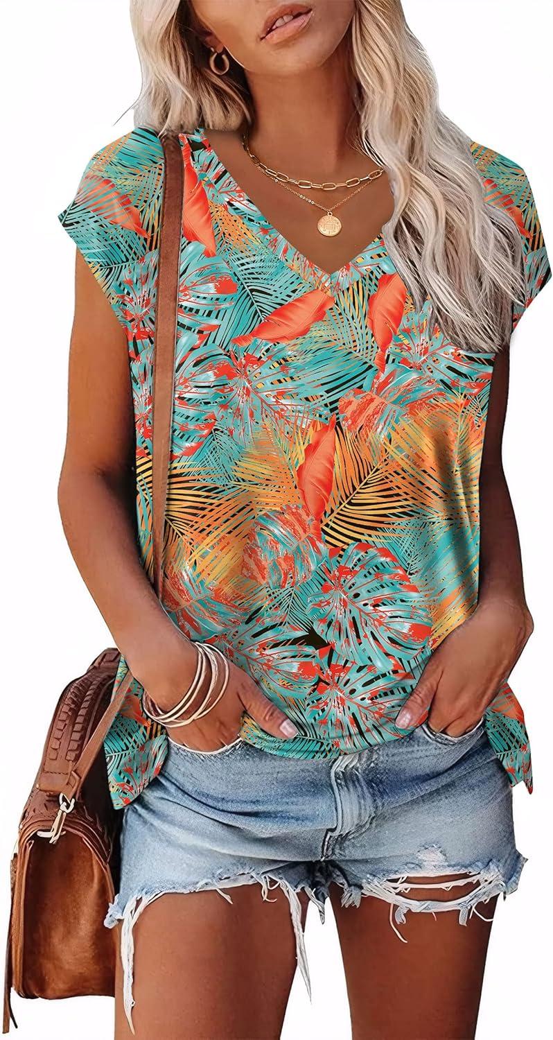 imageXIEERDUO Womens Tops V Neck Cap Sleeve Loose Fit Tee Shirts Summer Spring 2025 EyeletPrintedPrinted E