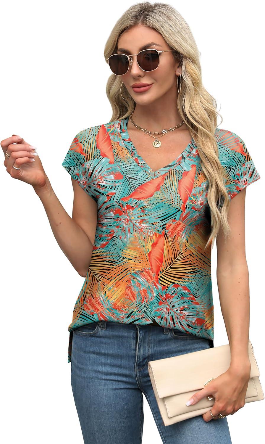 imageXIEERDUO Womens Tops V Neck Cap Sleeve Loose Fit Tee Shirts Summer Spring 2025 EyeletPrintedPrinted E