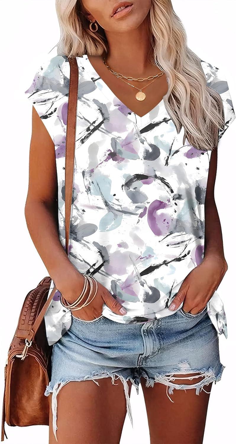 imageXIEERDUO Womens Tops V Neck Cap Sleeve Loose Fit Tee Shirts Summer Spring 2025 EyeletPrintedPrinted F