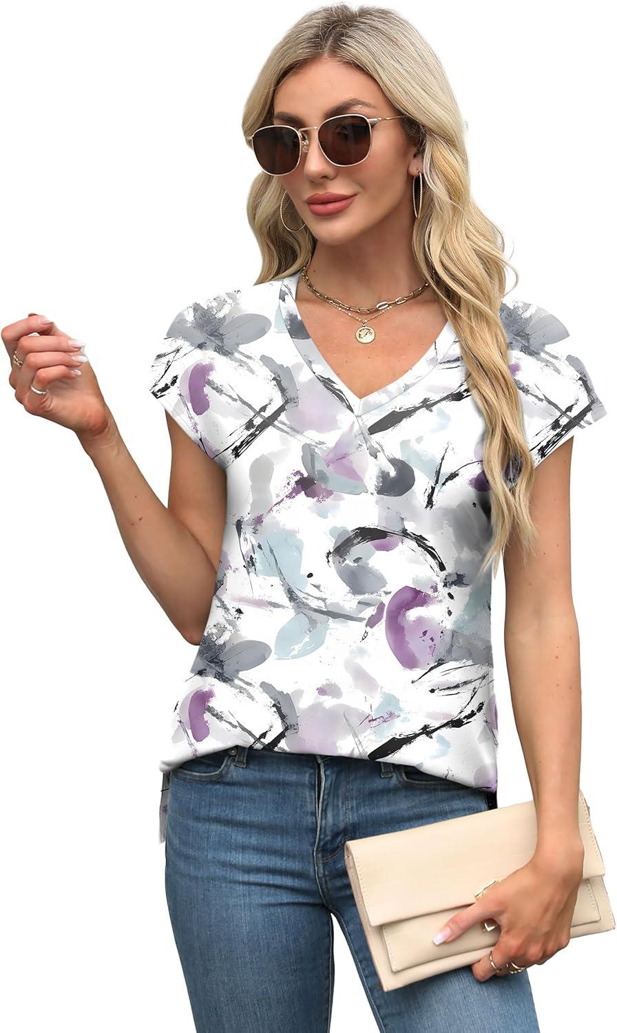 imageXIEERDUO Womens Tops V Neck Cap Sleeve Loose Fit Tee Shirts Summer Spring 2025 EyeletPrintedPrinted F