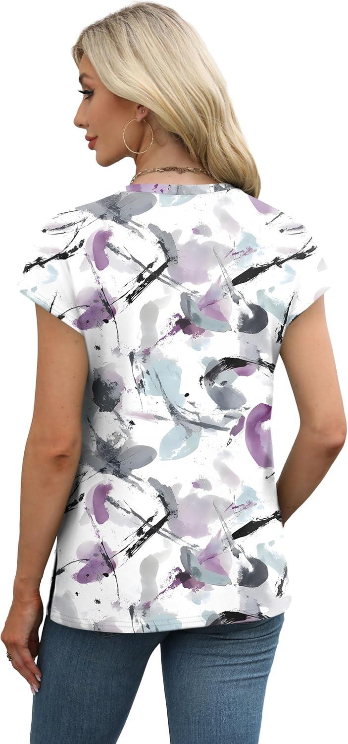 imageXIEERDUO Womens Tops V Neck Cap Sleeve Loose Fit Tee Shirts Summer Spring 2025 EyeletPrintedPrinted F