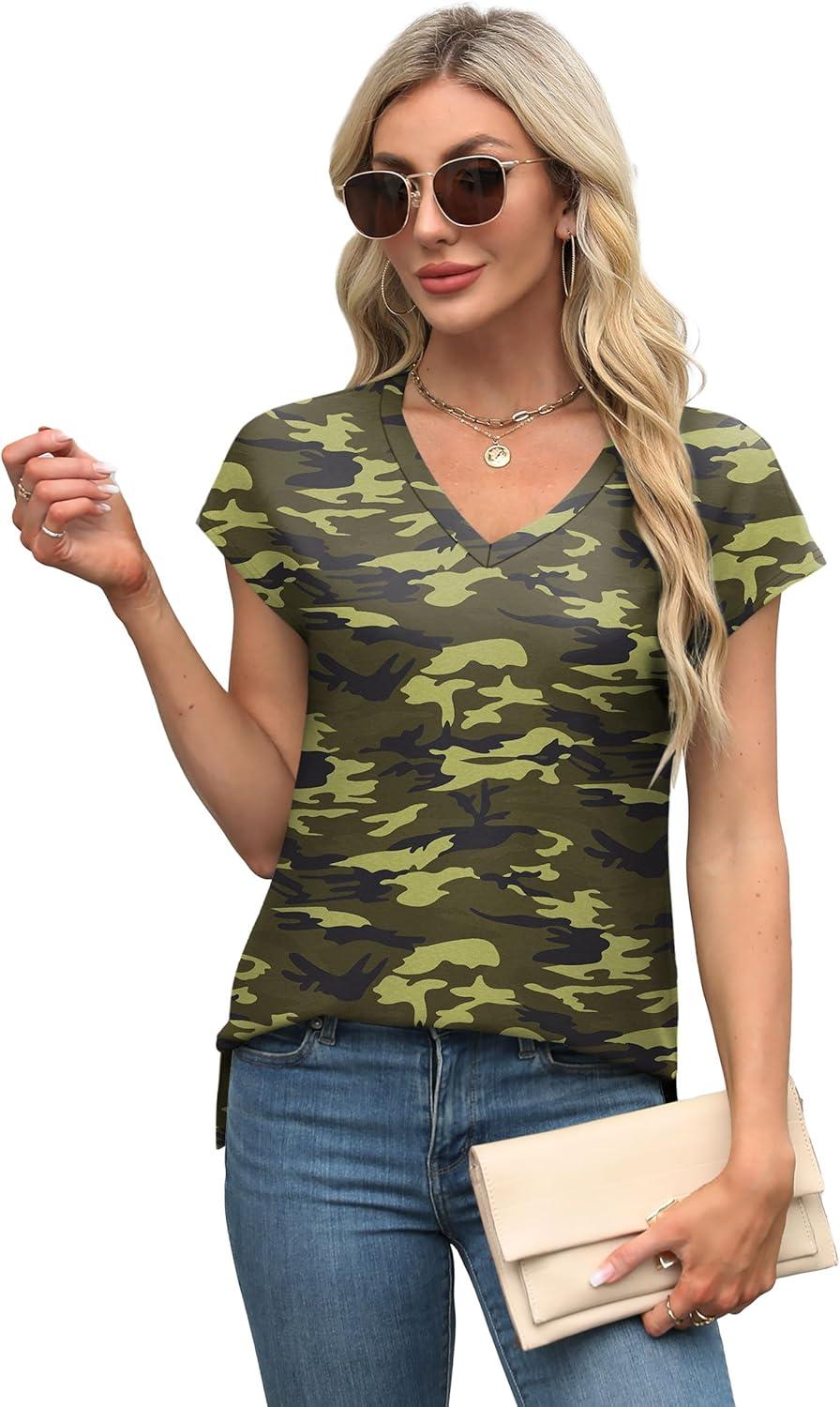 imageXIEERDUO Womens Tops V Neck Cap Sleeve Loose Fit Tee Shirts Summer Spring 2025 EyeletPrintedPrinted G