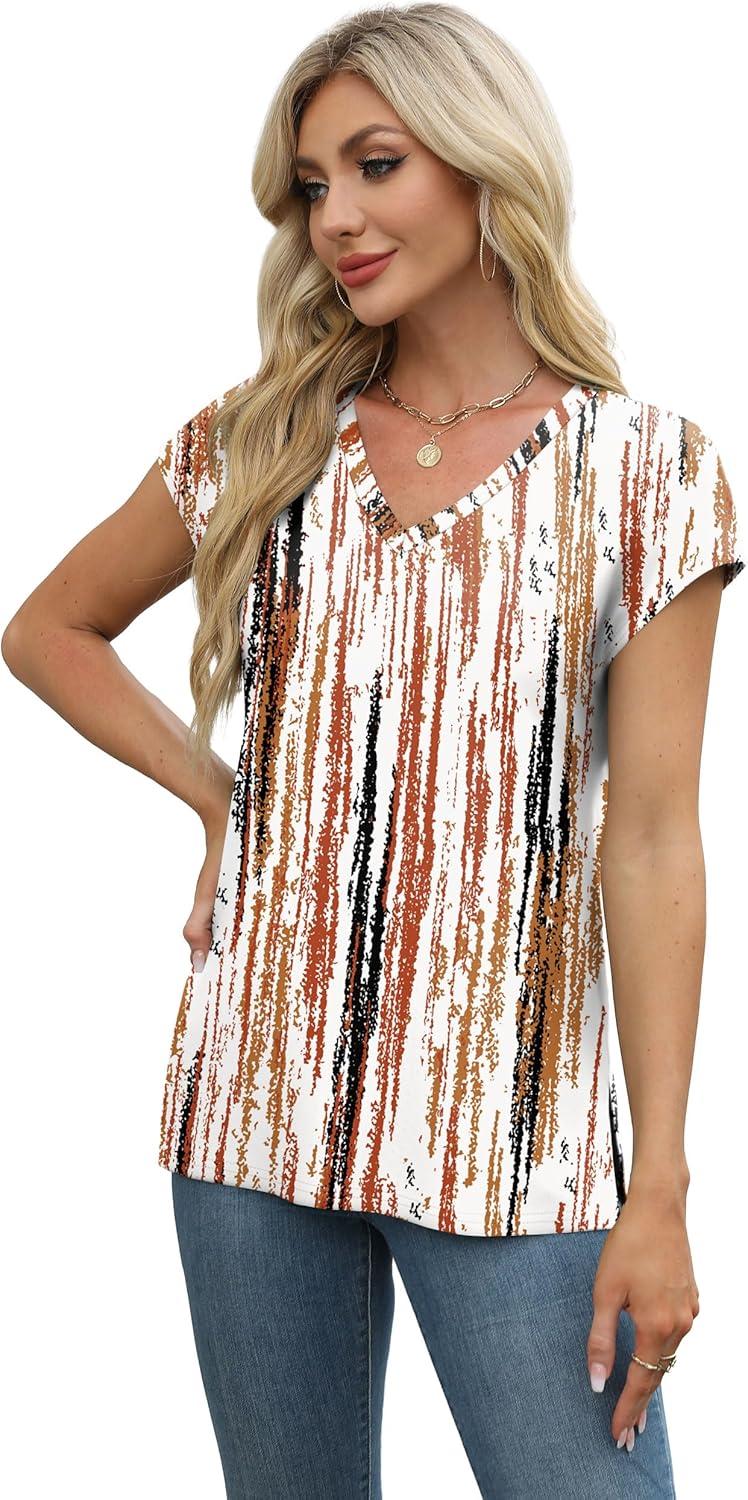 imageXIEERDUO Womens Tops V Neck Cap Sleeve Loose Fit Tee Shirts Summer Spring 2025 EyeletPrintedPrinted I