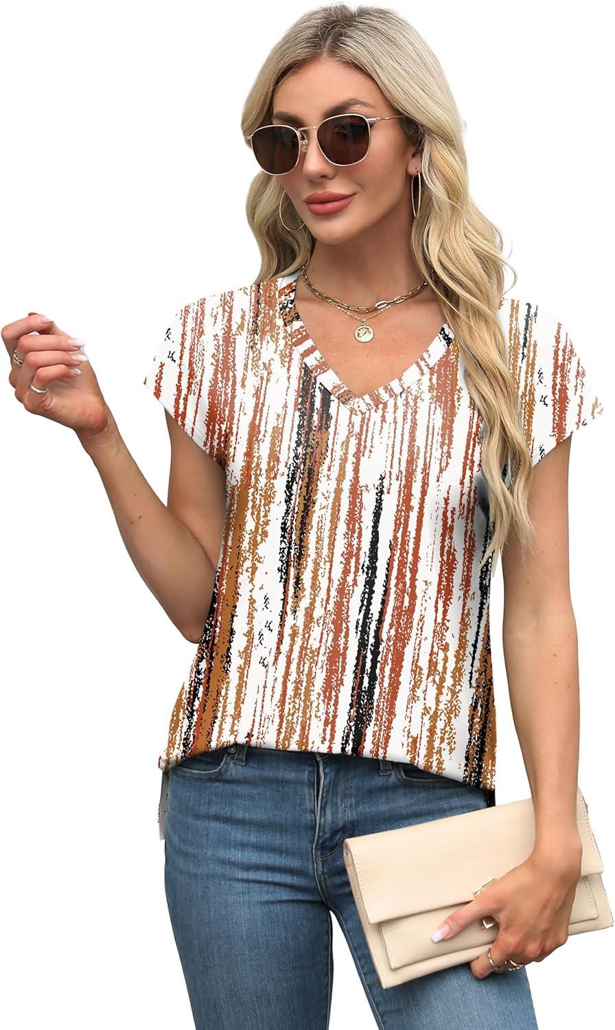 imageXIEERDUO Womens Tops V Neck Cap Sleeve Loose Fit Tee Shirts Summer Spring 2025 EyeletPrintedPrinted I