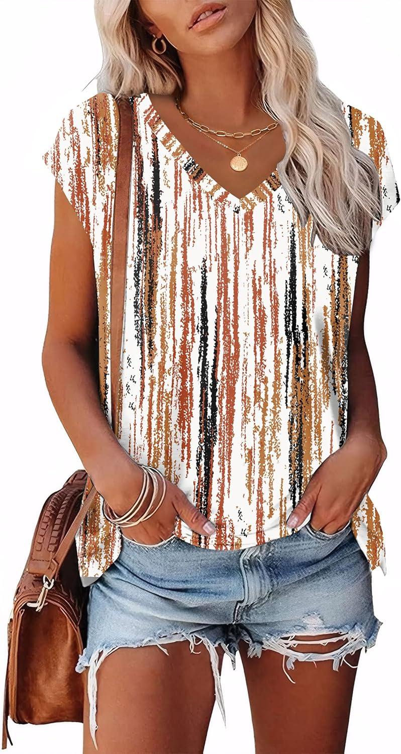 imageXIEERDUO Womens Tops V Neck Cap Sleeve Loose Fit Tee Shirts Summer Spring 2025 EyeletPrintedPrinted I