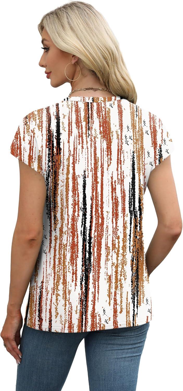 imageXIEERDUO Womens Tops V Neck Cap Sleeve Loose Fit Tee Shirts Summer Spring 2025 EyeletPrintedPrinted I