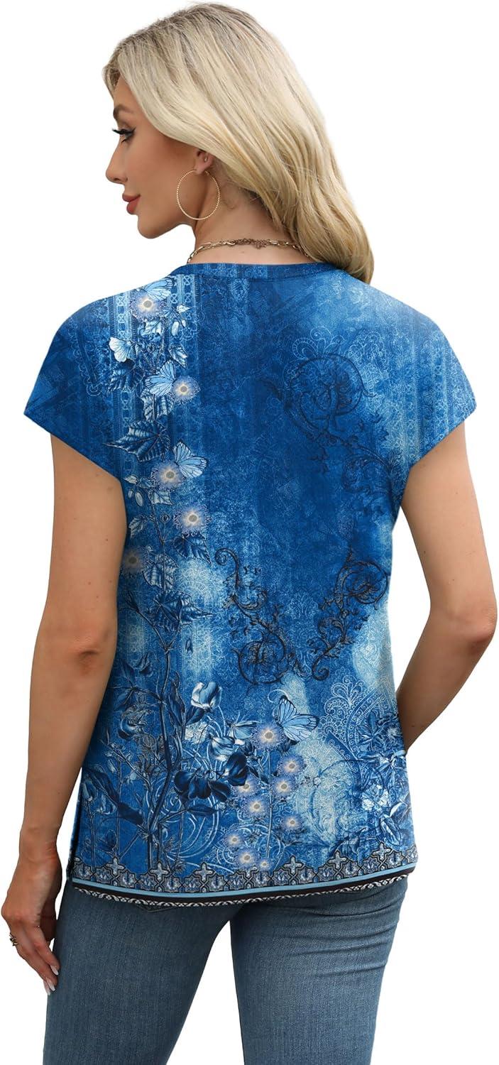 imageXIEERDUO Womens Tops V Neck Cap Sleeve Loose Fit Tee Shirts Summer Spring 2025 EyeletPrintedPrinted J