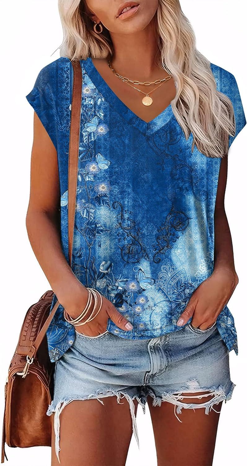imageXIEERDUO Womens Tops V Neck Cap Sleeve Loose Fit Tee Shirts Summer Spring 2025 EyeletPrintedPrinted J