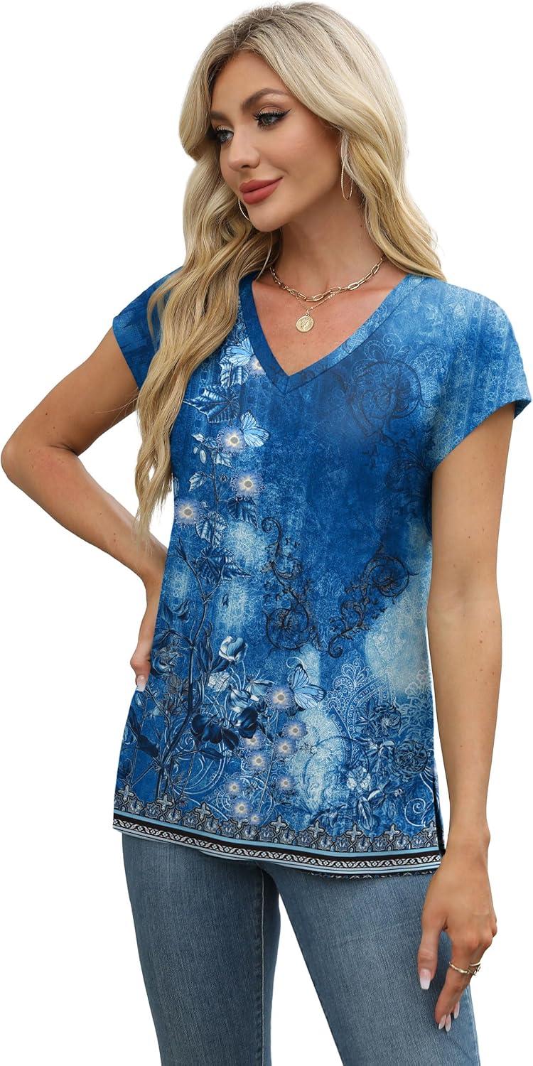 imageXIEERDUO Womens Tops V Neck Cap Sleeve Loose Fit Tee Shirts Summer Spring 2025 EyeletPrintedPrinted J