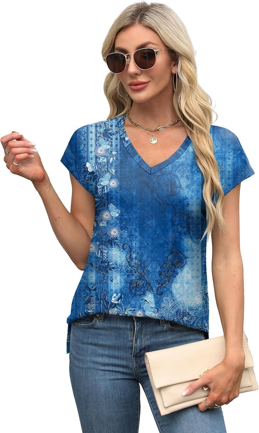 imageXIEERDUO Womens Tops V Neck Cap Sleeve Loose Fit Tee Shirts Summer Spring 2025 EyeletPrintedPrinted J
