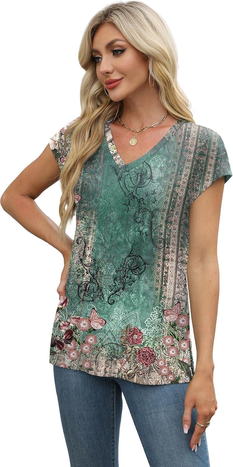 imageXIEERDUO Womens Tops V Neck Cap Sleeve Loose Fit Tee Shirts Summer Spring 2025 EyeletPrintedPrinted K