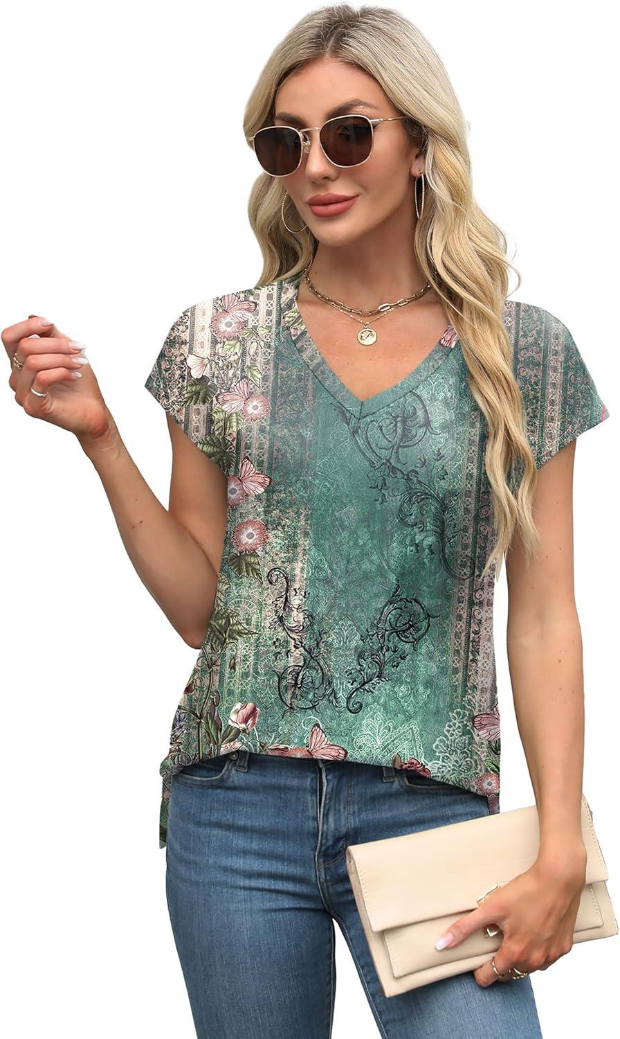 imageXIEERDUO Womens Tops V Neck Cap Sleeve Loose Fit Tee Shirts Summer Spring 2025 EyeletPrintedPrinted K