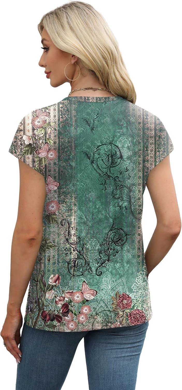 imageXIEERDUO Womens Tops V Neck Cap Sleeve Loose Fit Tee Shirts Summer Spring 2025 EyeletPrintedPrinted K