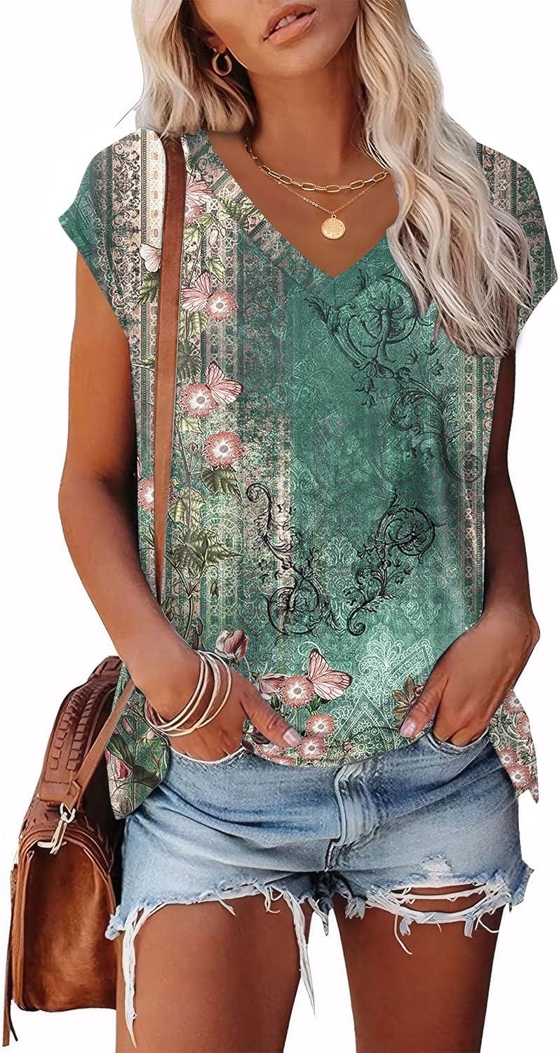 imageXIEERDUO Womens Tops V Neck Cap Sleeve Loose Fit Tee Shirts Summer Spring 2025 EyeletPrintedPrinted K