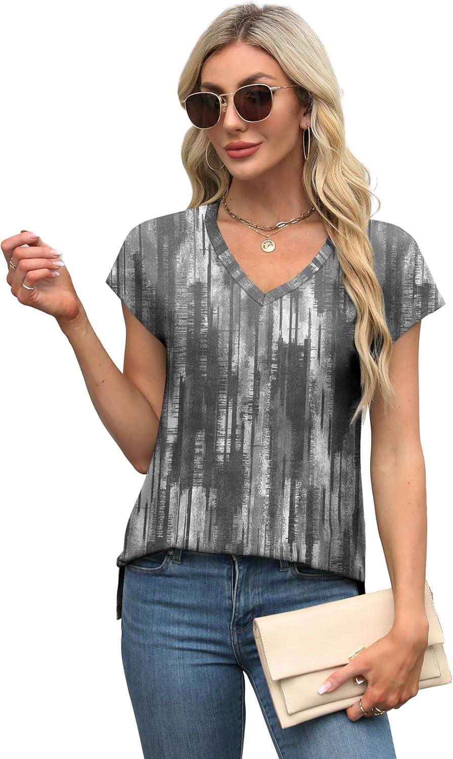 imageXIEERDUO Womens Tops V Neck Cap Sleeve Loose Fit Tee Shirts Summer Spring 2025 EyeletPrintedPrinted L