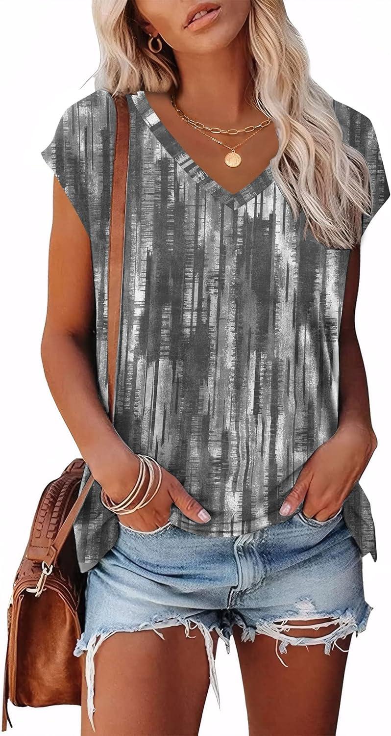 imageXIEERDUO Womens Tops V Neck Cap Sleeve Loose Fit Tee Shirts Summer Spring 2025 EyeletPrintedPrinted L