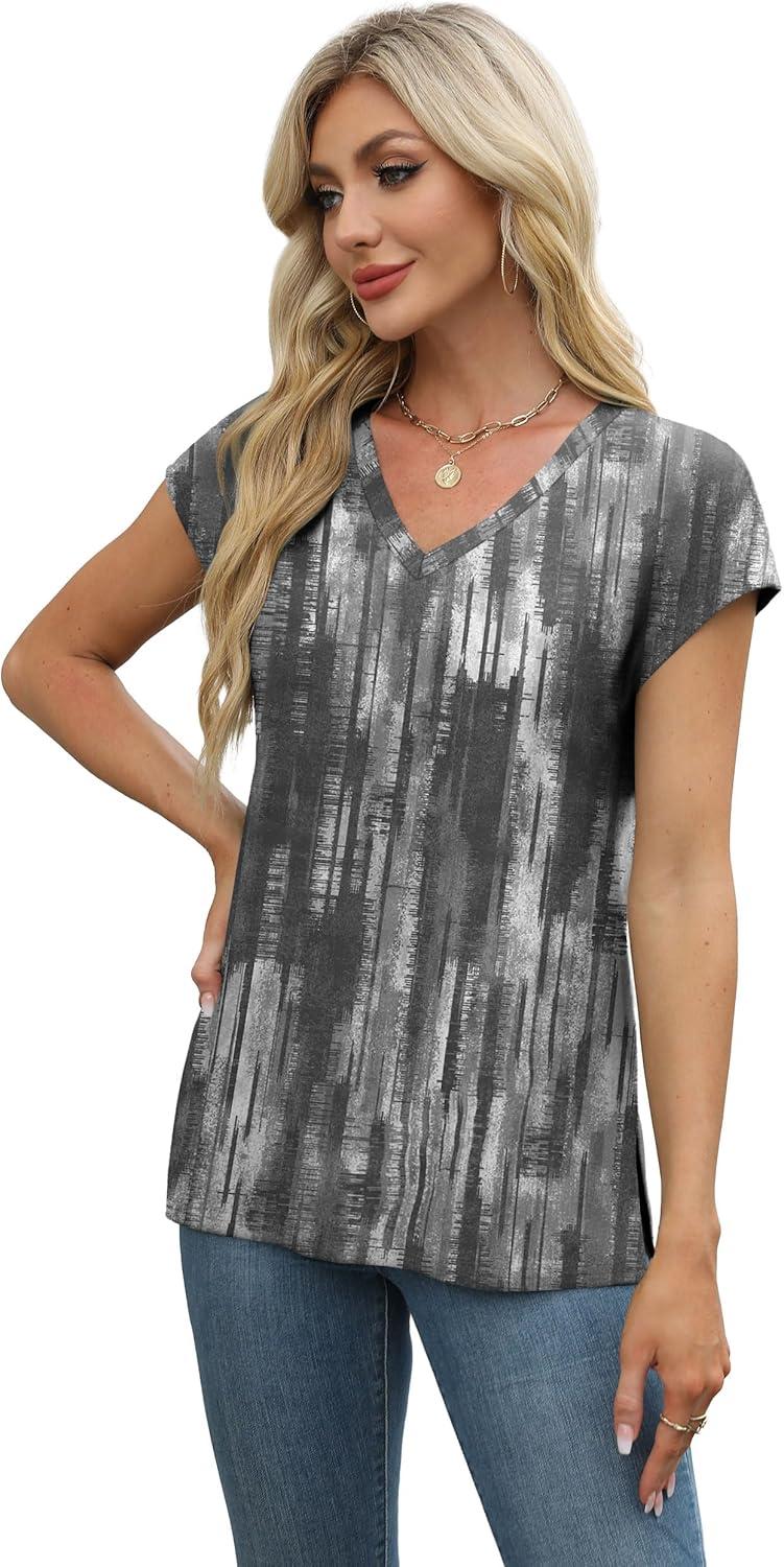 imageXIEERDUO Womens Tops V Neck Cap Sleeve Loose Fit Tee Shirts Summer Spring 2025 EyeletPrintedPrinted L