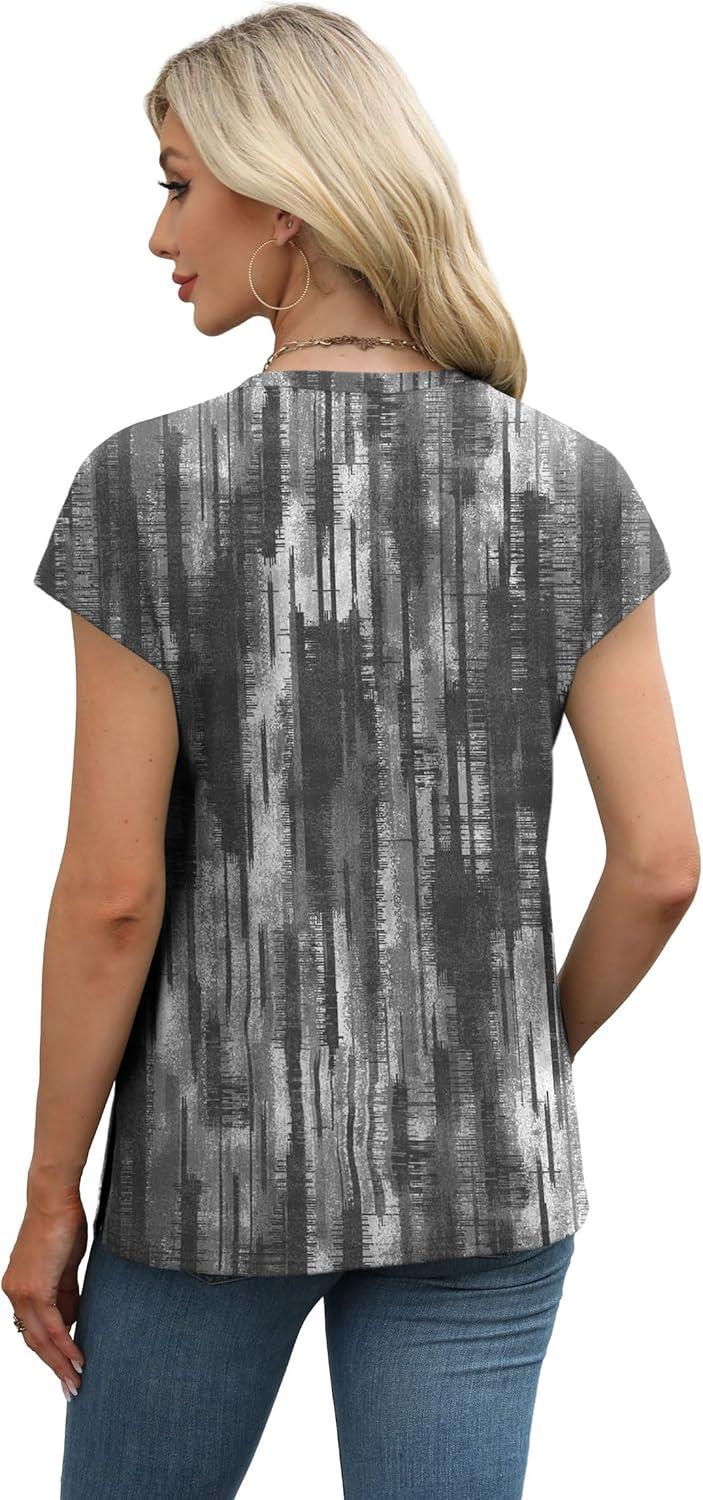 imageXIEERDUO Womens Tops V Neck Cap Sleeve Loose Fit Tee Shirts Summer Spring 2025 EyeletPrintedPrinted L