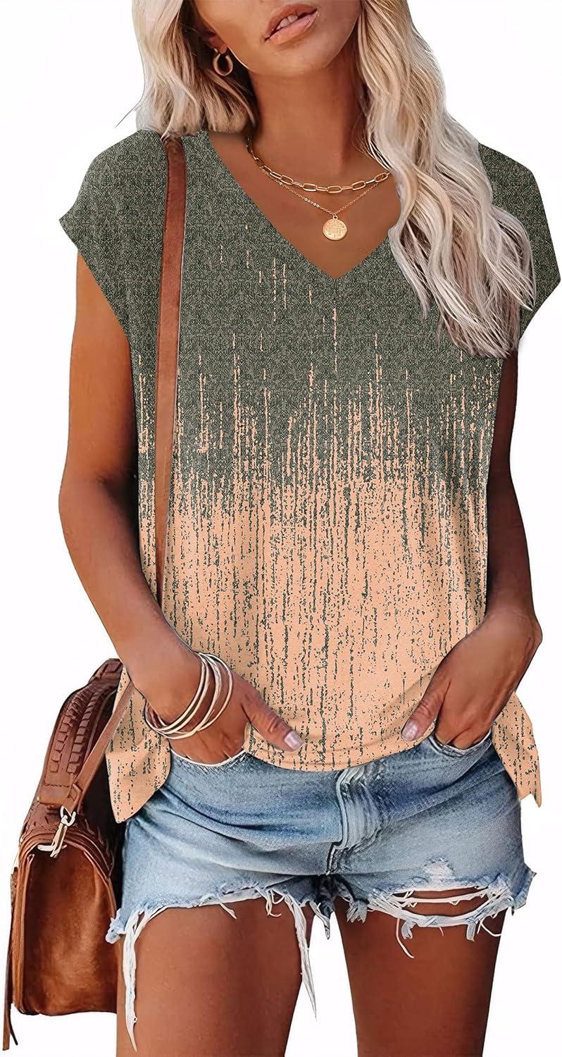 imageXIEERDUO Womens Tops V Neck Cap Sleeve Loose Fit Tee Shirts Summer Spring 2025 EyeletPrintedPrinted a