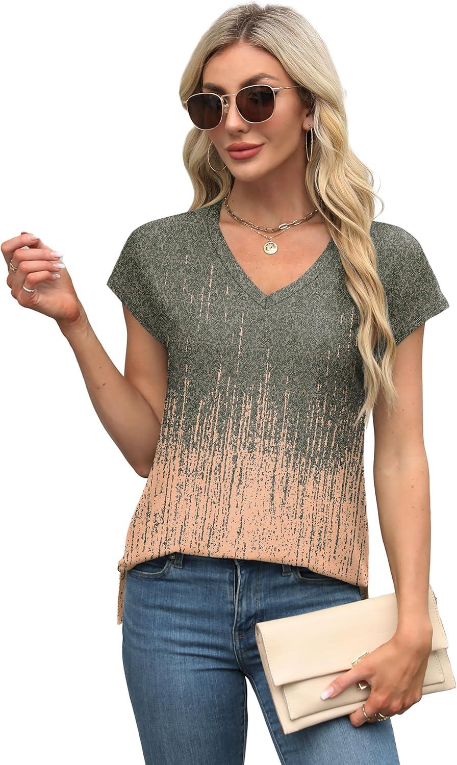 imageXIEERDUO Womens Tops V Neck Cap Sleeve Loose Fit Tee Shirts Summer Spring 2025 EyeletPrintedPrinted a