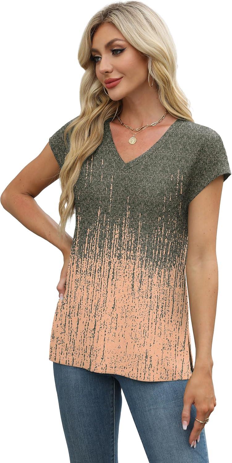 imageXIEERDUO Womens Tops V Neck Cap Sleeve Loose Fit Tee Shirts Summer Spring 2025 EyeletPrintedPrinted a