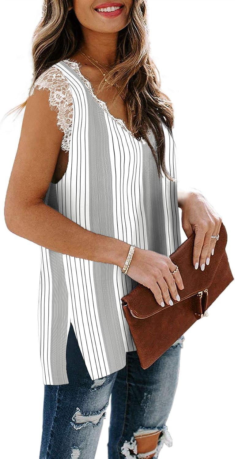 imageXIEERDUO Womens V Neck Lace Tank Tops Summer Casual Sleeveless Shirts Tops Side SplitAcstripe