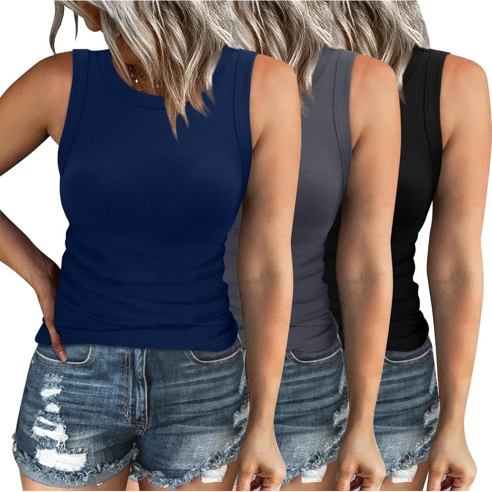 imageSummer Tops for Women 3 Pack Ribbed Summer Casual Sleeveless Crew Neck Solid Color Undershirt Black Grey Blue L