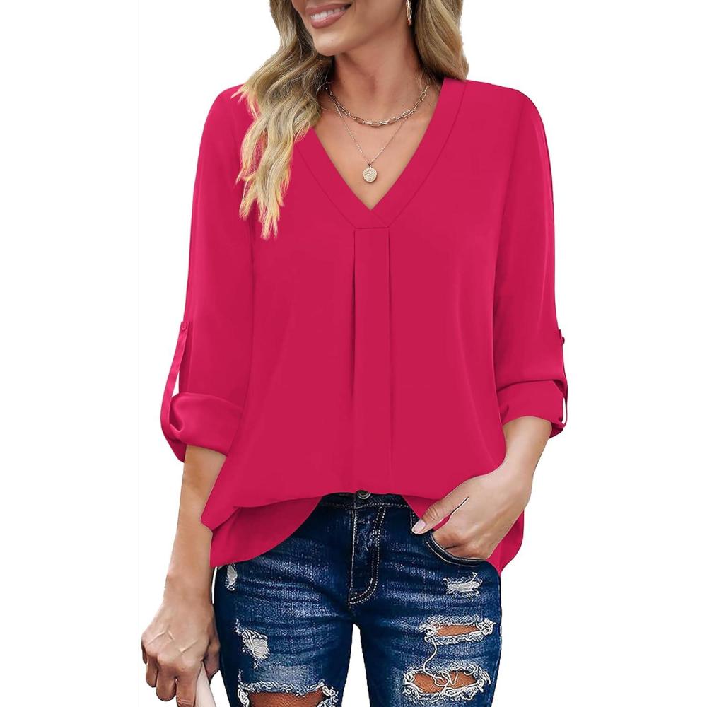 imageXIEERDUO 34 Sleeve Blouses for Women Business Casual V Neck Chiffon Shirts TopsBhot Pink