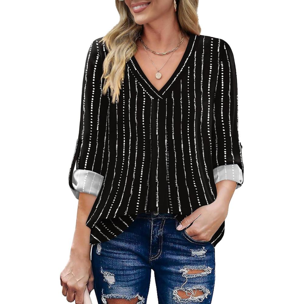 imageXIEERDUO 34 Sleeve Blouses for Women Business Casual V Neck Chiffon Shirts TopsDblack Print