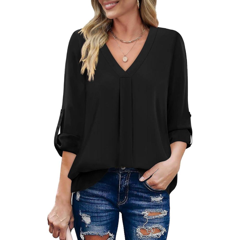 imageXIEERDUO 34 Sleeve Blouses for Women Business Casual V Neck Chiffon Shirts TopsFblack