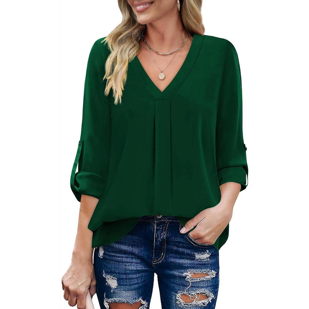 imageXIEERDUO 34 Sleeve Blouses for Women Business Casual V Neck Chiffon Shirts TopsIgreen