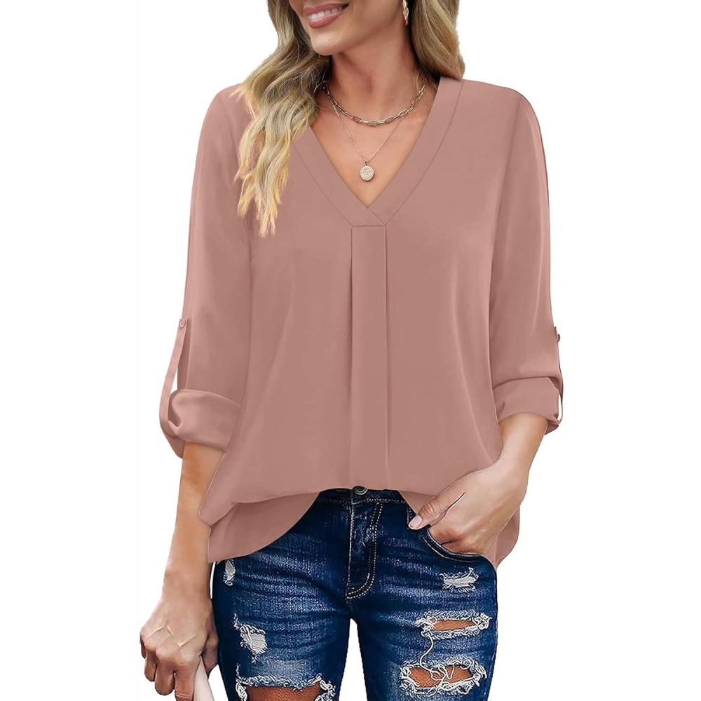 imageXIEERDUO 34 Sleeve Blouses for Women Business Casual V Neck Chiffon Shirts TopsIpink