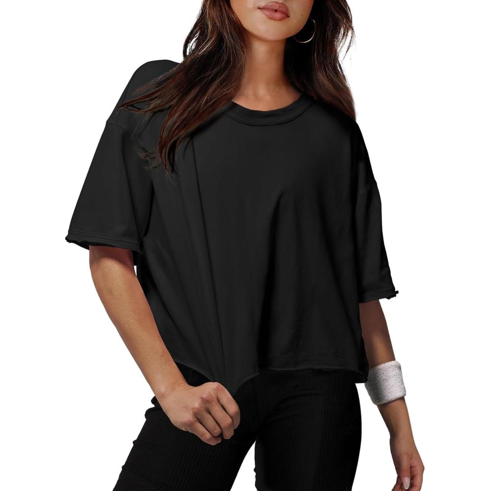 imageXIEERDUO Cotton Tshirts for Women Drop Shoulder Round Neck Oversized Crop Tops Workout Tops TeesA Black