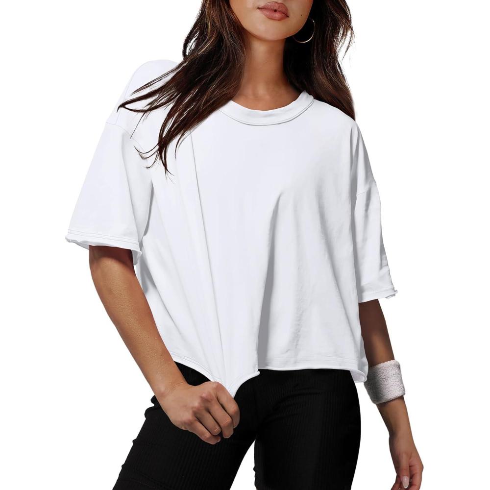 imageXIEERDUO Cotton Tshirts for Women Drop Shoulder Round Neck Oversized Crop Tops Workout Tops TeesA White
