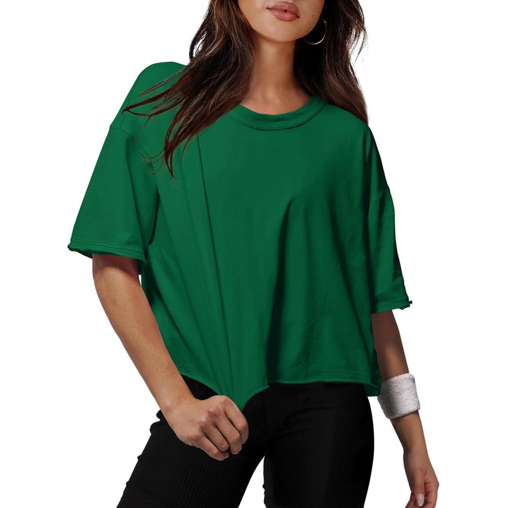 imageXIEERDUO Cotton Tshirts for Women Drop Shoulder Round Neck Oversized Crop Tops Workout Tops TeesGreen