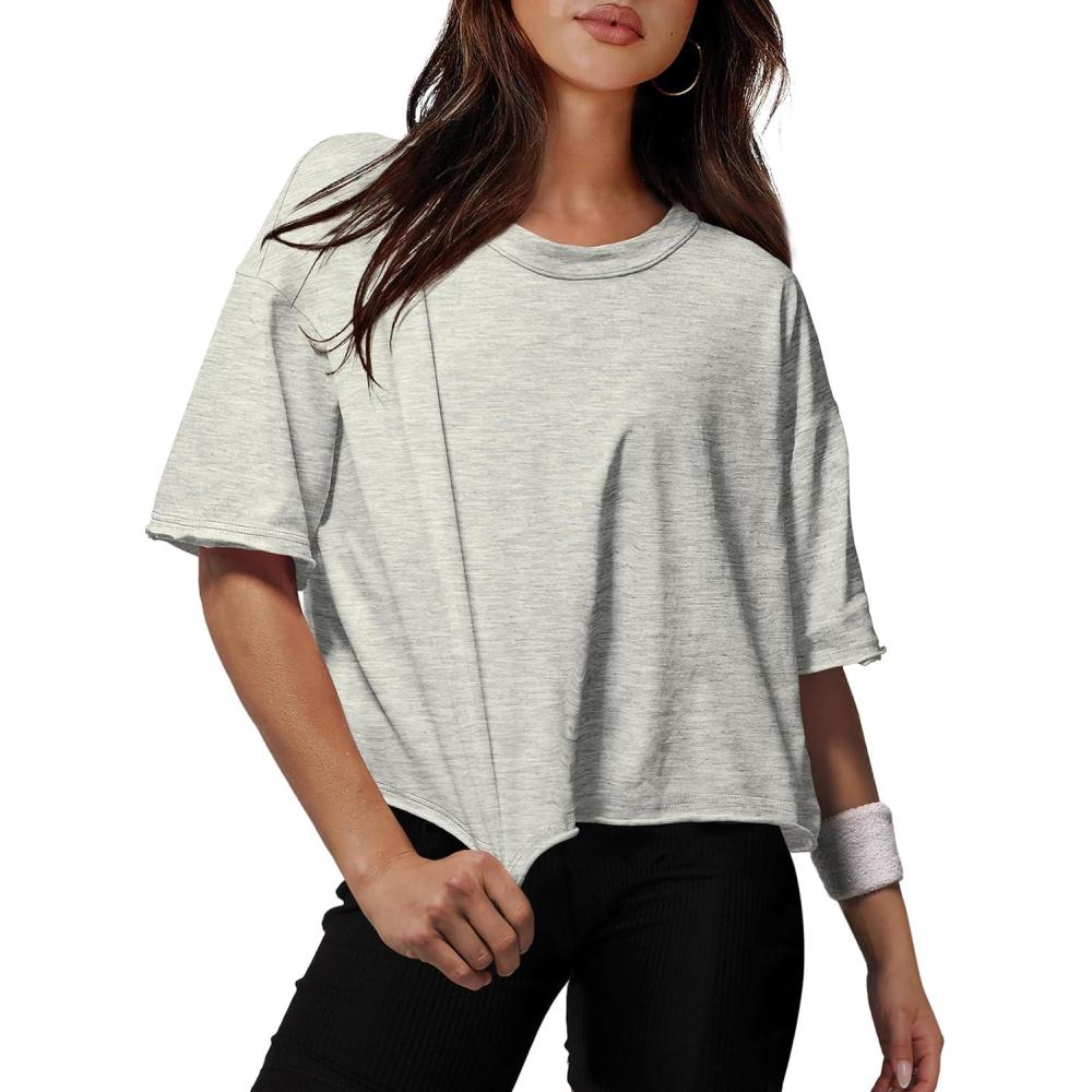 imageXIEERDUO Cotton Tshirts for Women Drop Shoulder Round Neck Oversized Crop Tops Workout Tops TeesGrey