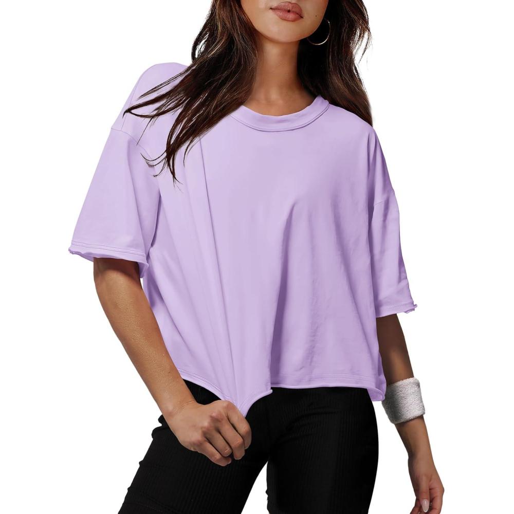 imageXIEERDUO Cotton Tshirts for Women Drop Shoulder Round Neck Oversized Crop Tops Workout Tops TeesLavender