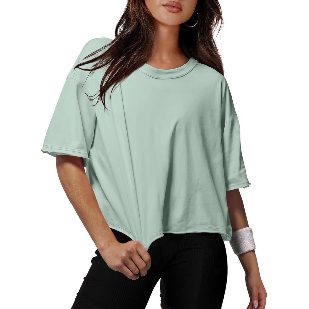 imageXIEERDUO Cotton Tshirts for Women Drop Shoulder Round Neck Oversized Crop Tops Workout Tops TeesSage Green