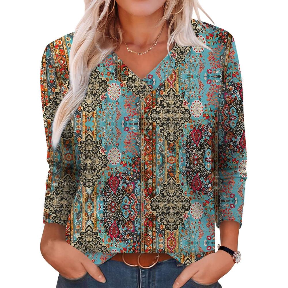 imageXIEERDUO Long Sleeve Shirts for Women V Neck Fall Tops Basic Tunic Tops Loose Fit Dressy 2025Boho Floral