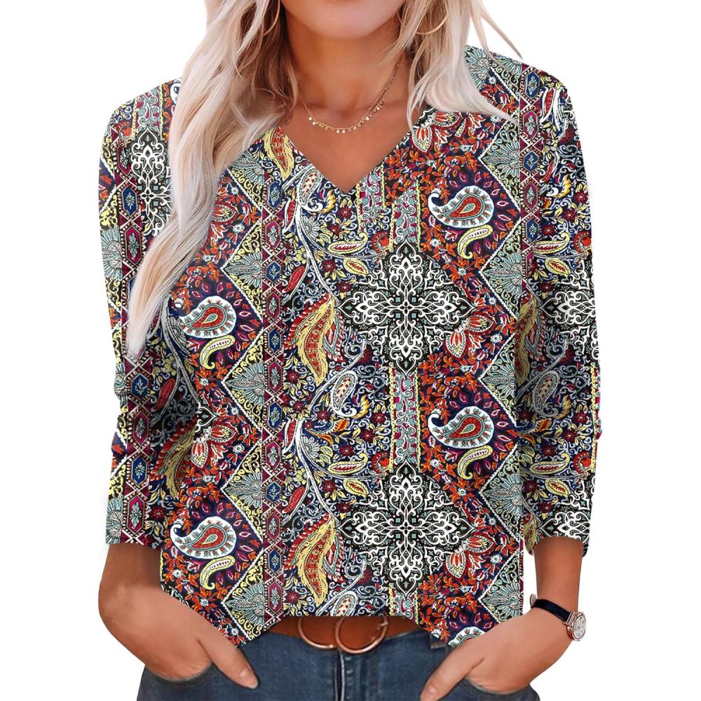 imageXIEERDUO Long Sleeve Shirts for Women V Neck Fall Tops Basic Tunic Tops Loose Fit Dressy 2025Boho Flower