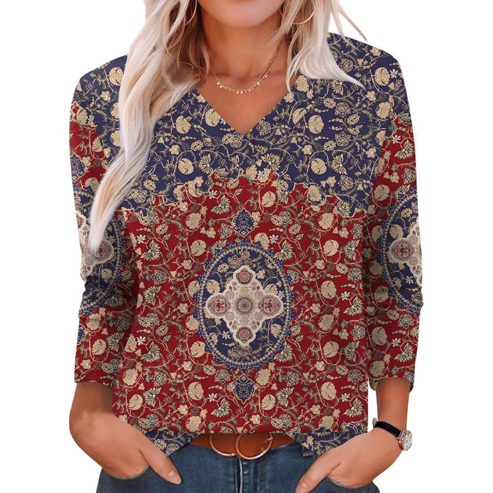 imageXIEERDUO Long Sleeve Shirts for Women V Neck Fall Tops Basic Tunic Tops Loose Fit Dressy 2025Boho Print