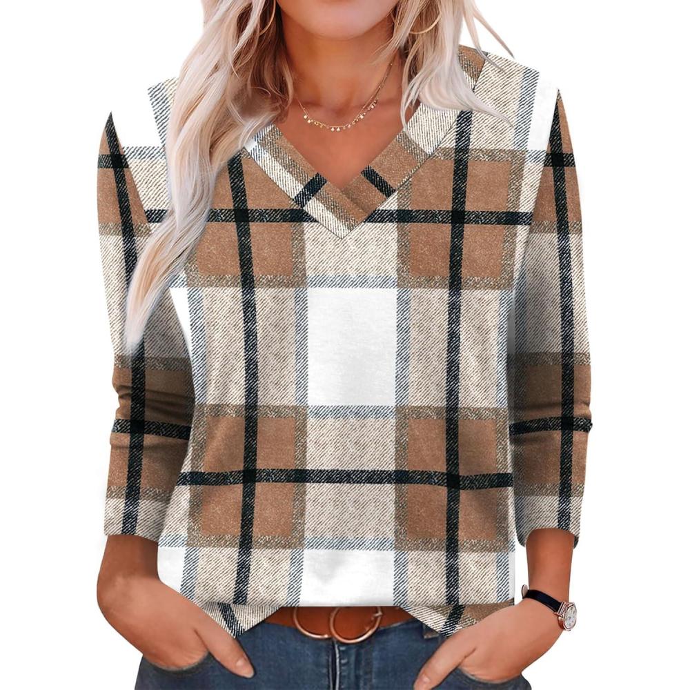 imageXIEERDUO Long Sleeve Shirts for Women V Neck Fall Tops Basic Tunic Tops Loose Fit Dressy 2025Patternedbrown Plaid