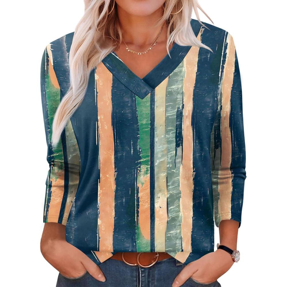 imageXIEERDUO Long Sleeve Shirts for Women V Neck Fall Tops Basic Tunic Tops Loose Fit Dressy 2025Patternedtie Dye Stripes