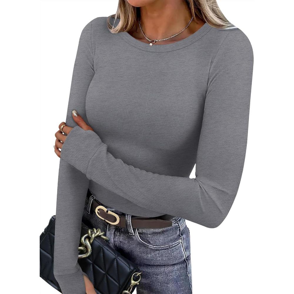 imageXIEERDUO Long Sleeve Thermal Shirt for Women Fleece Slim Fit Tops Crewneck Basic TShirts with Thumb Holes Fall Fashion 2025Gray