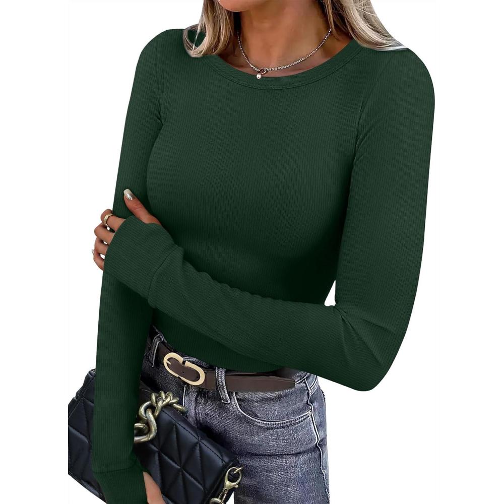 imageXIEERDUO Long Sleeve Thermal Shirt for Women Fleece Slim Fit Tops Crewneck Basic TShirts with Thumb Holes Fall Fashion 2025Green