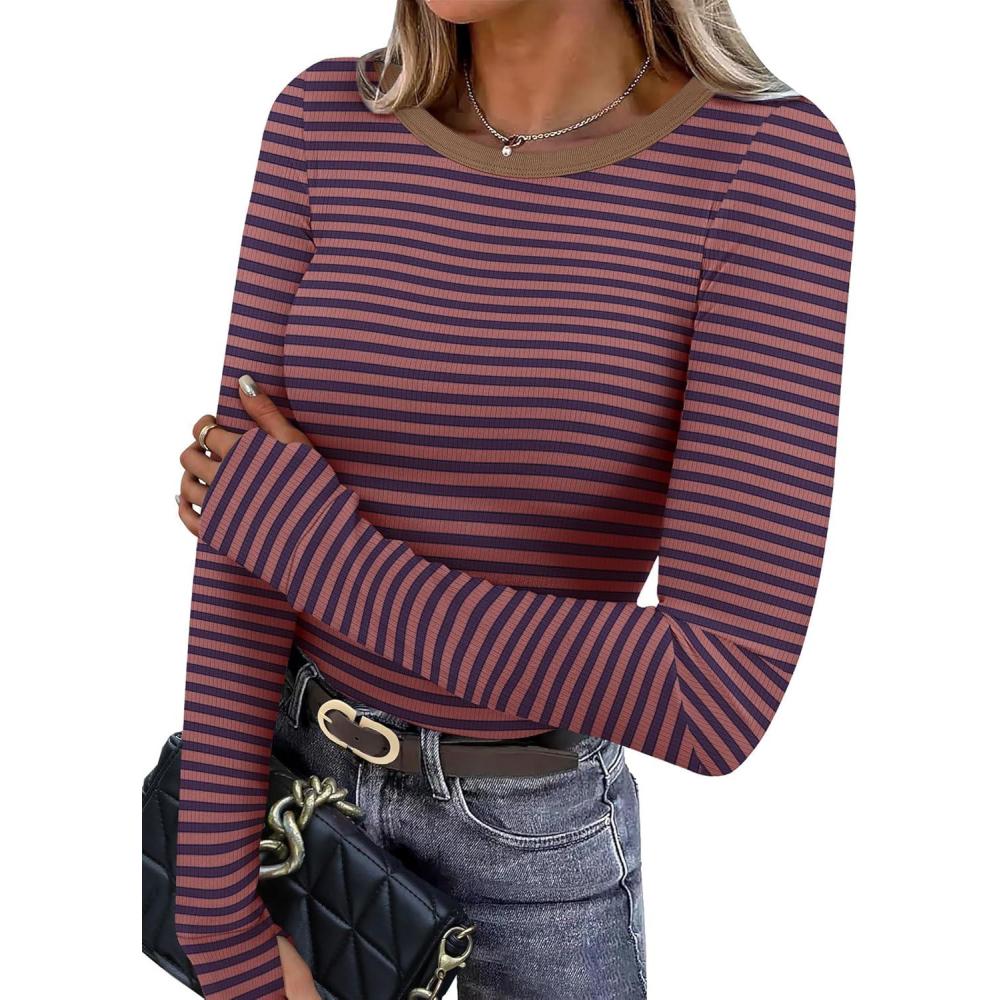 imageXIEERDUO Long Sleeve Thermal Shirt for Women Fleece Slim Fit Tops Crewneck Basic TShirts with Thumb Holes Fall Fashion 2025Stripebrown Blue