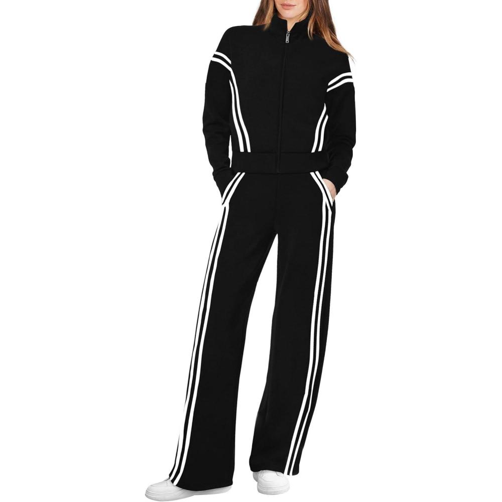 imageXIEERDUO Lounge Sets for Women 2025 Sweatsuit 2 Piece Outfits Sweatshirt Wide Leg Sweatpant Tracksuit Matching SetBlack Splice