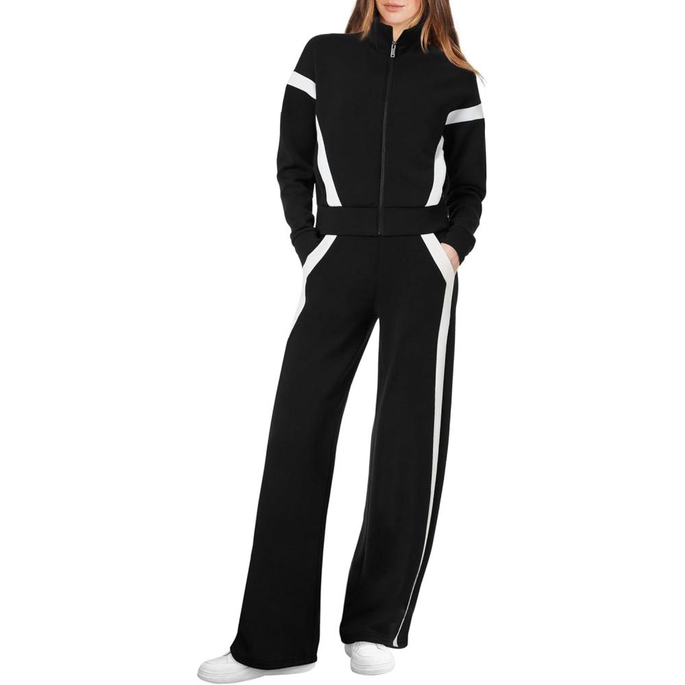 imageXIEERDUO Lounge Sets for Women 2025 Sweatsuit 2 Piece Outfits Sweatshirt Wide Leg Sweatpant Tracksuit Matching SetBlackwhite