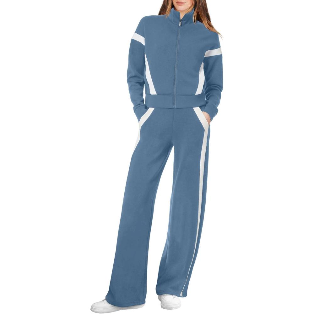 imageXIEERDUO Lounge Sets for Women 2025 Sweatsuit 2 Piece Outfits Sweatshirt Wide Leg Sweatpant Tracksuit Matching SetBluewhite